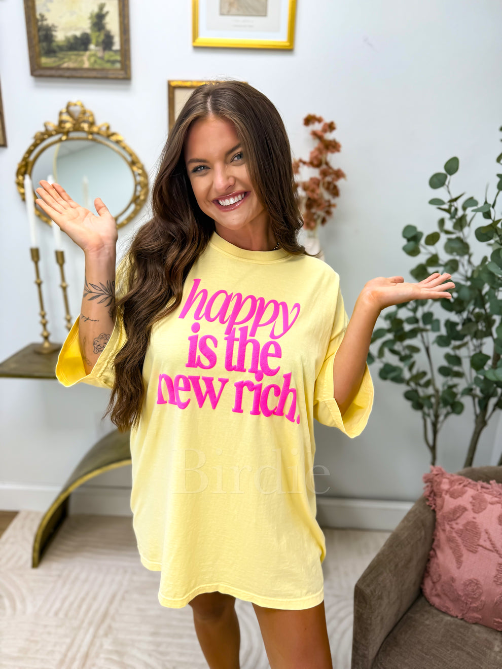 Happy Is New Rich Vinyl Graphic Tee on Butter