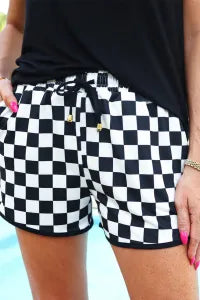 Black Checkered Drawstring Elastic Waist Shorts