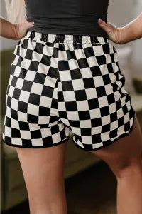 Black Checkered Drawstring Elastic Waist Shorts