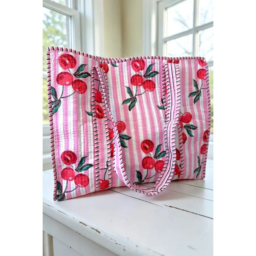 Eliza Pink Striped Cherry Tote Bag