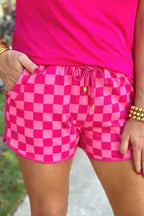 Pink Checkered Drawstring Elastic Waist Shorts
