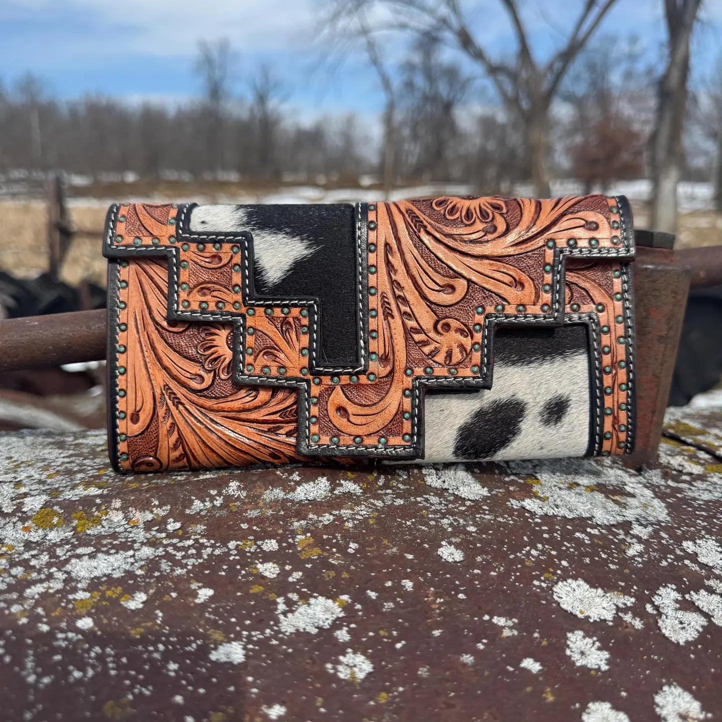 Aces and Turquoise Genuine Western Cowhide Leather Barrel Bag Purse or Wallet