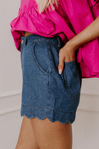 Dusk Blue Scalloped Hemline Acid Wash High Waist Denim Shorts