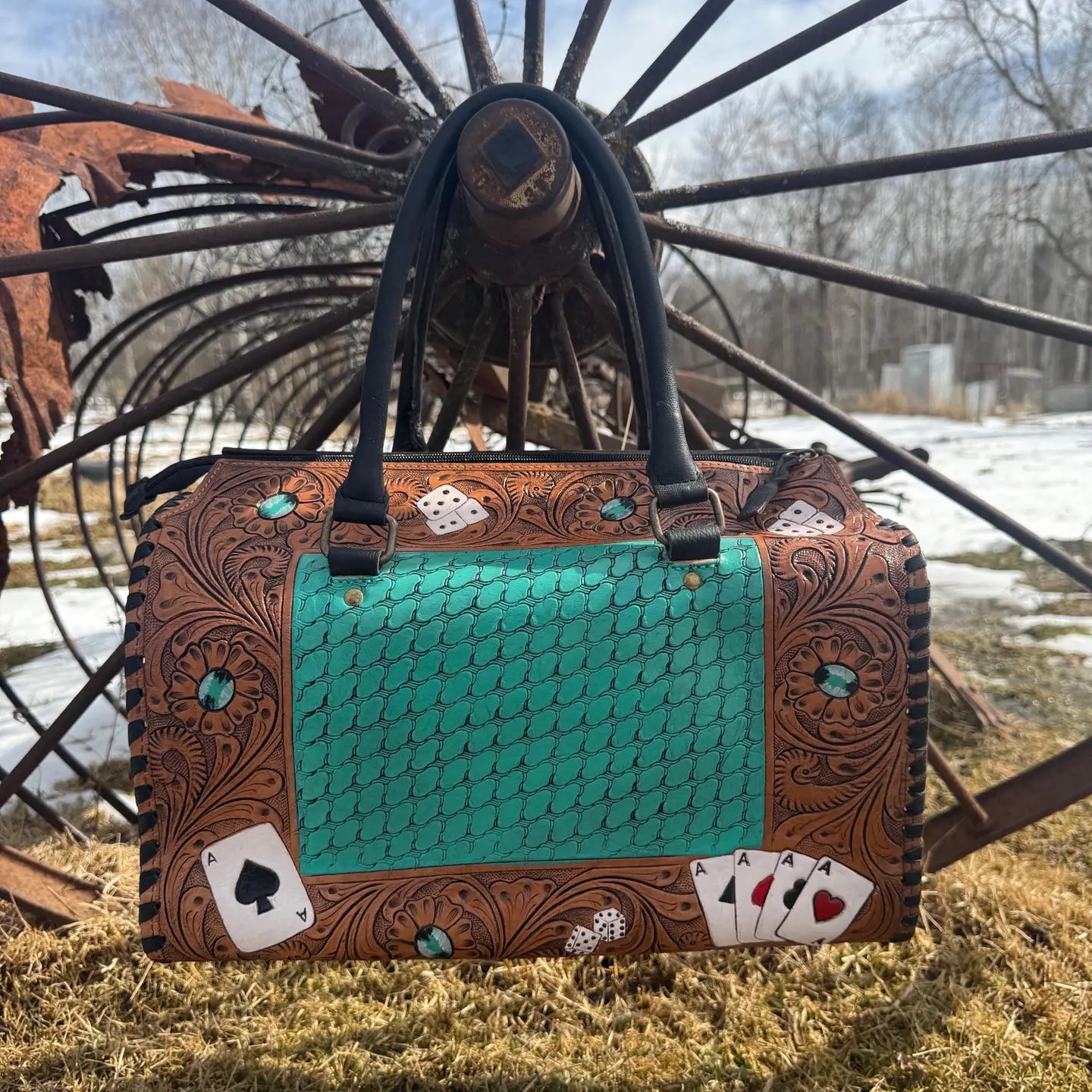 Aces and Turquoise Genuine Western Cowhide Leather Barrel Bag Purse or Wallet