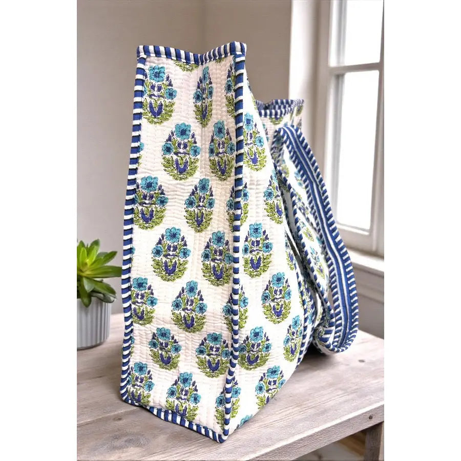 Emma Blue and White Floral Tote Bag