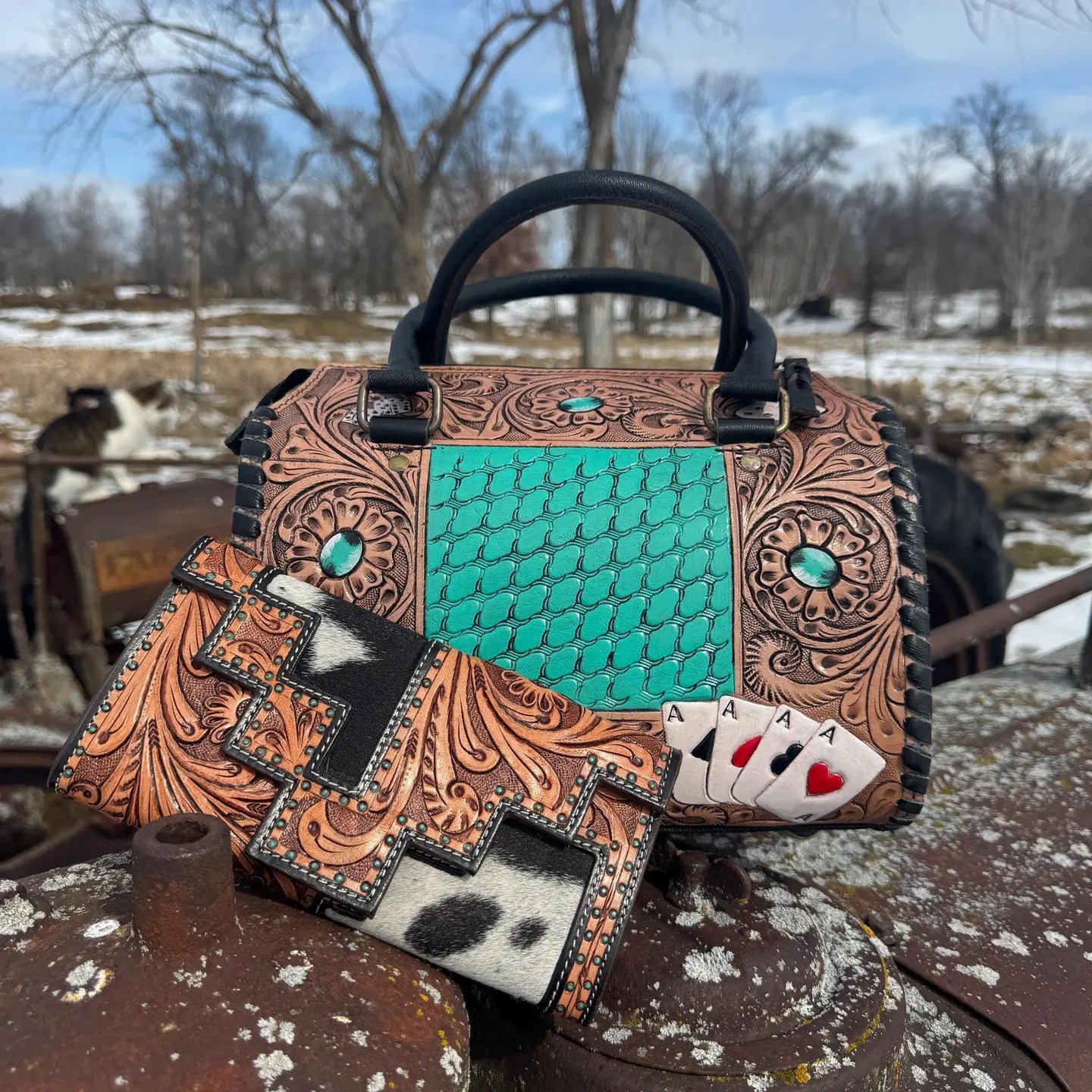 Aces and Turquoise Genuine Western Cowhide Leather Barrel Bag Purse or Wallet