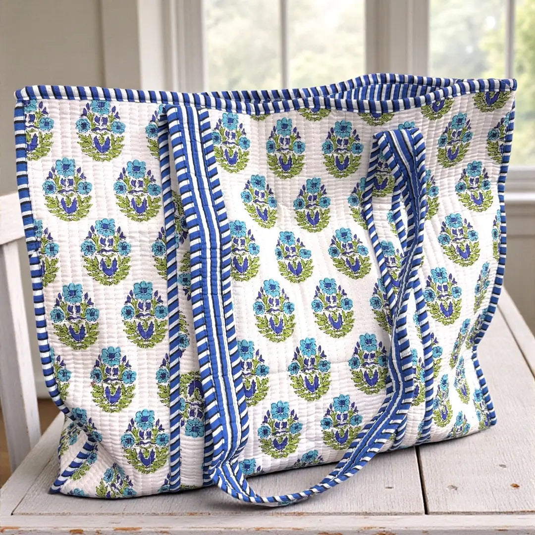 Emma Blue and White Floral Tote Bag