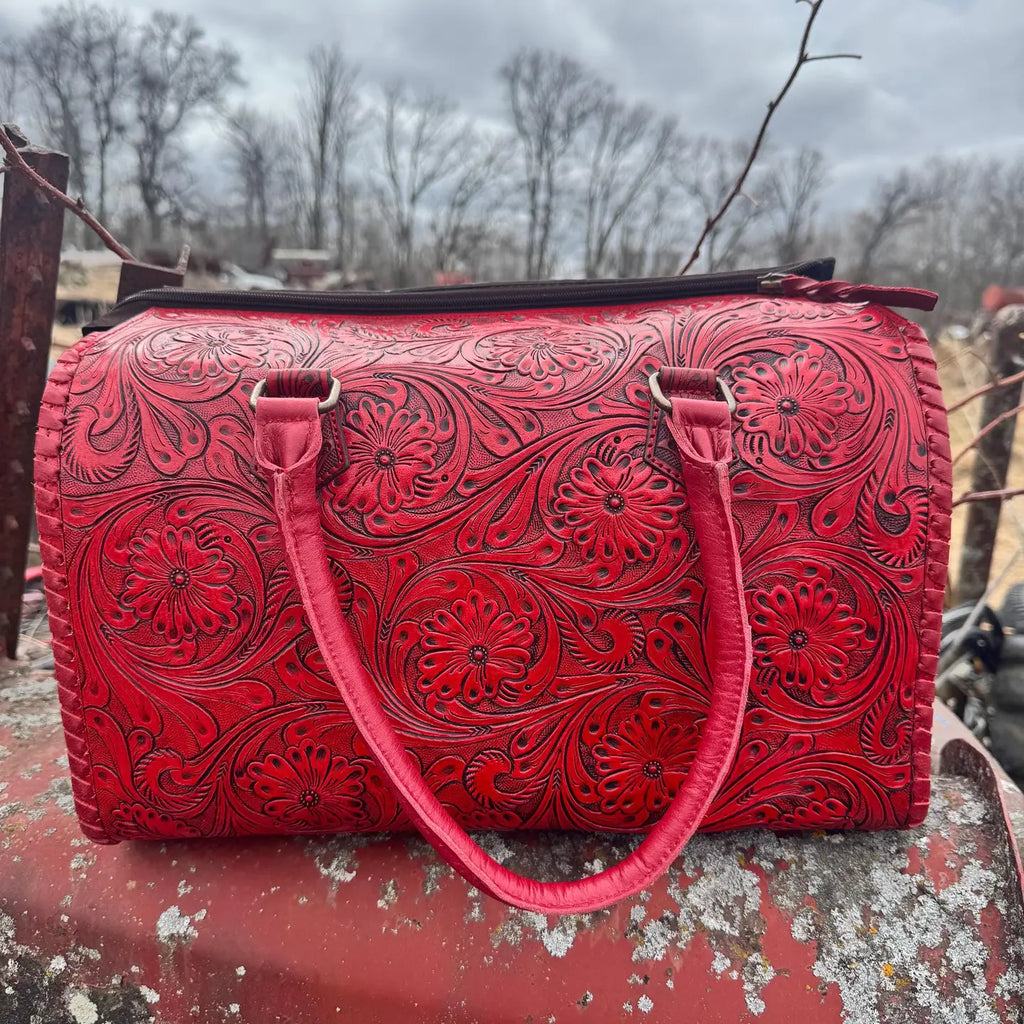 Deep Cherry Red Speedy Western Genuine Leather Barrel Bag Purse or Briefcase